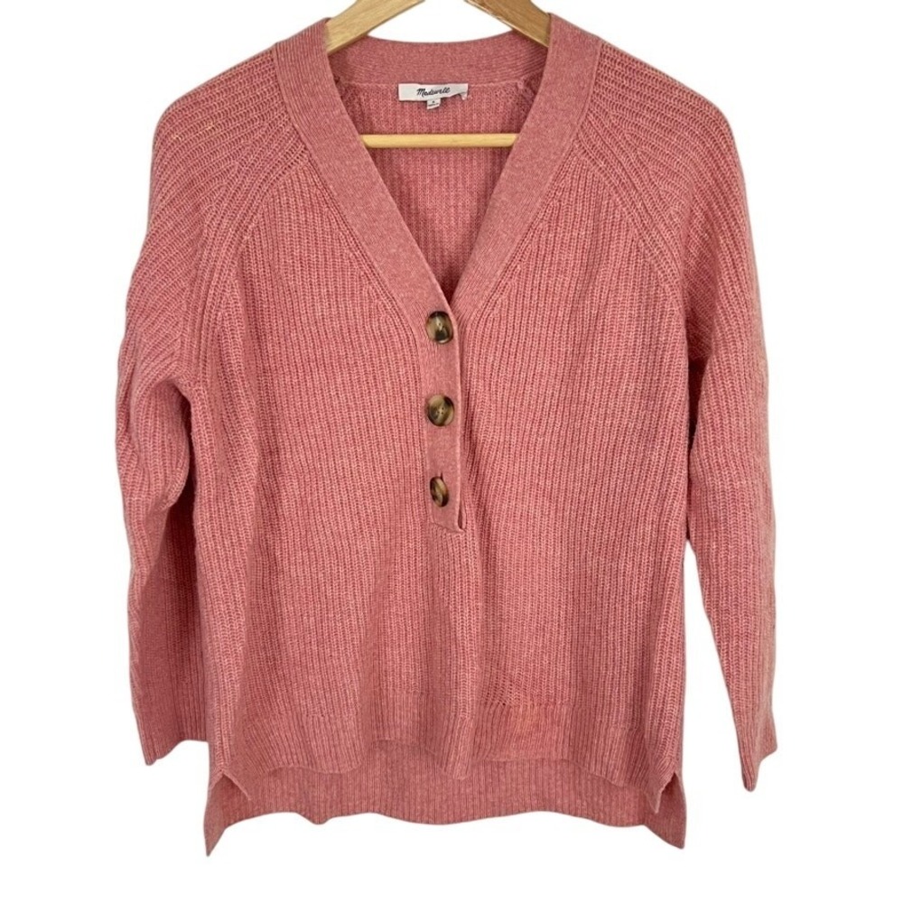 MADEWELL Ribbed Lyle Henley Wool  V Neck Sweater Pink Women Size Small